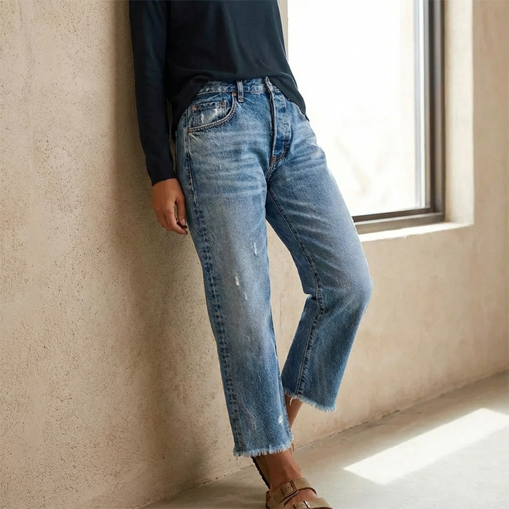 Matilde | Jeans Mulher Corte Reto Cintura Alta Destroyed
