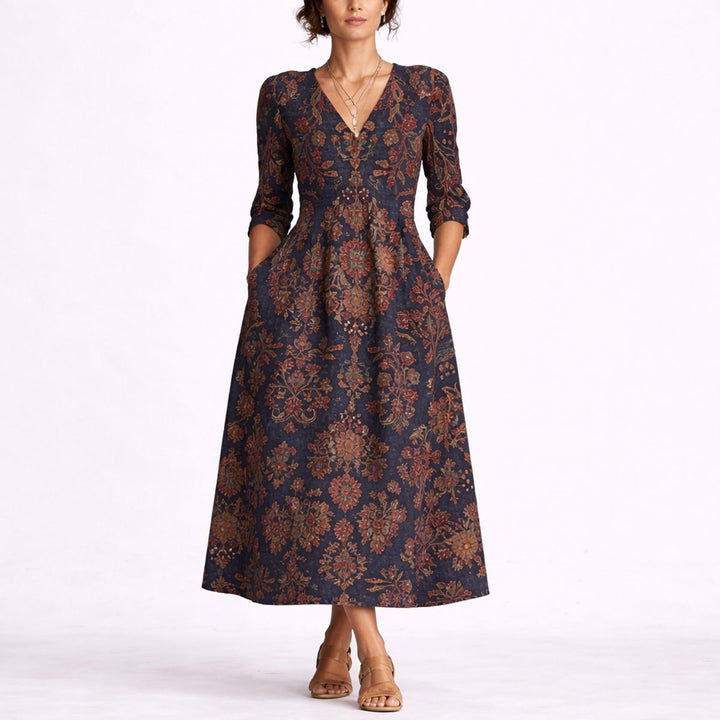 Matilde | Vestido Maxi Floral de Linho Mulher Decote V Manga 3/4 Vestidos Outono
