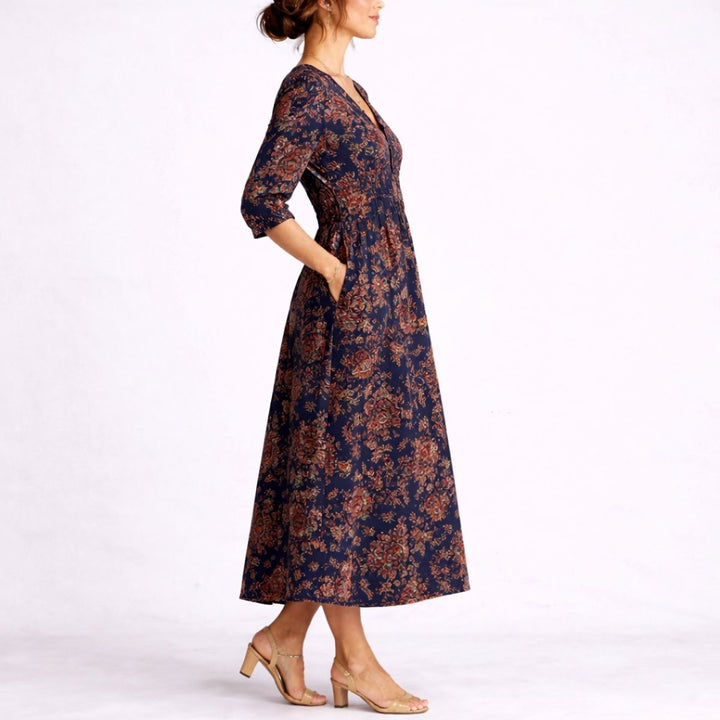 Matilde | Vestido Maxi Floral de Linho Mulher Decote V Manga 3/4 Vestidos Outono