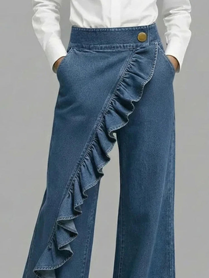 Mónica | Jeans Perna Larga com Folhos Mulher Cintura Alta