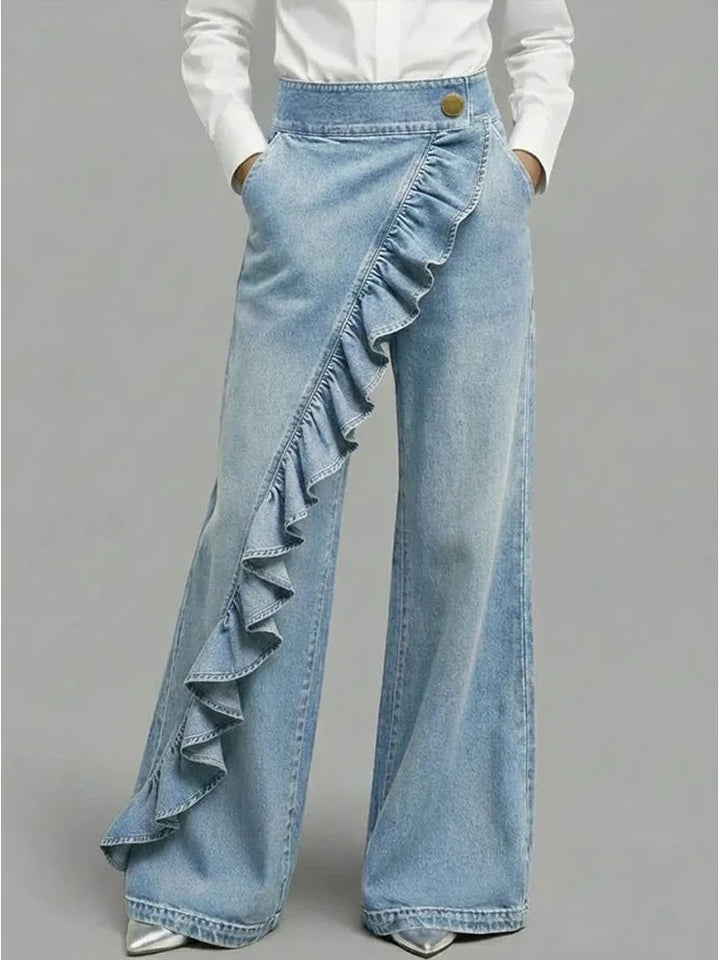 Mónica | Jeans Perna Larga com Folhos Mulher Cintura Alta
