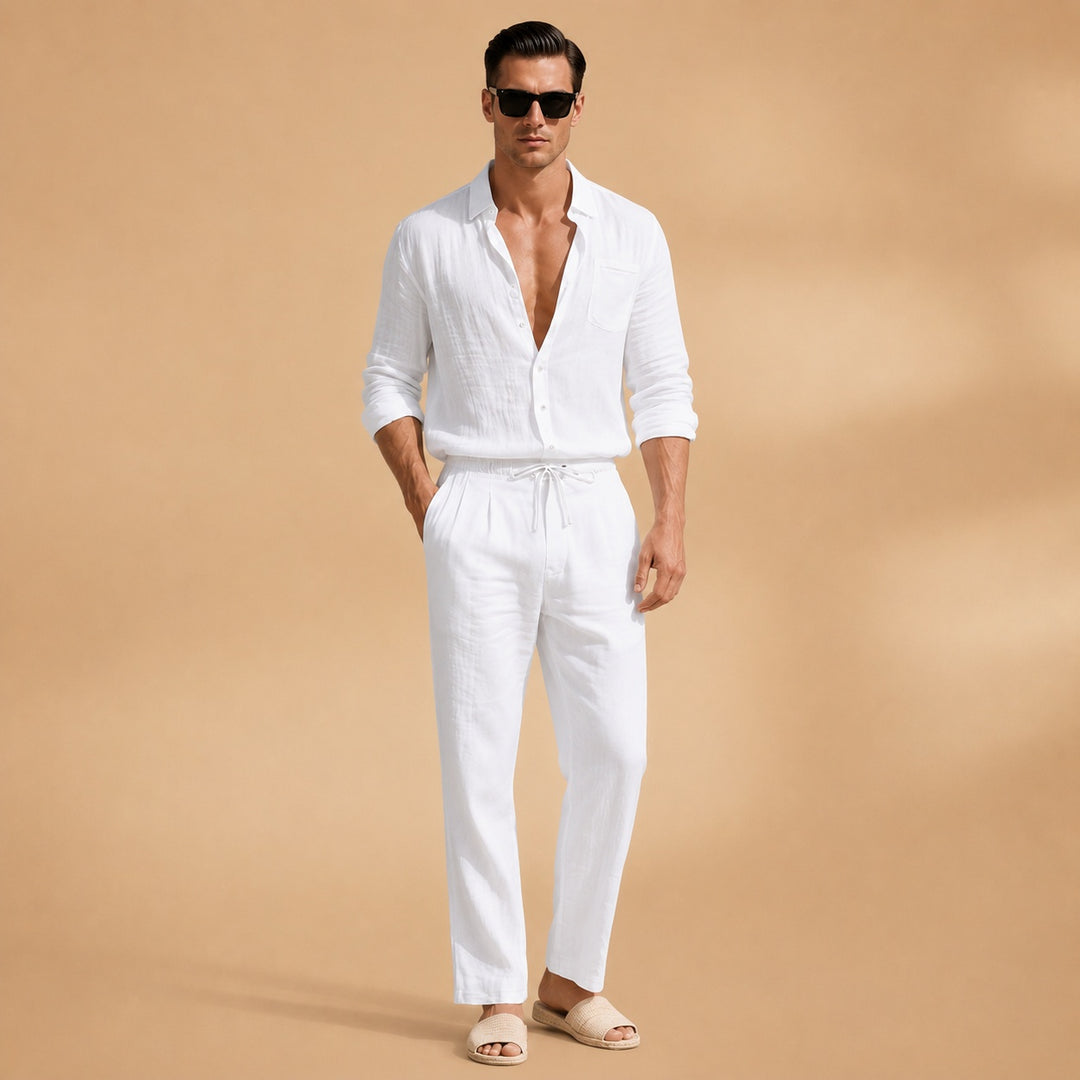 Nuno | Conjunto de Linho Homem Camisa Manga Longa Calças Corda