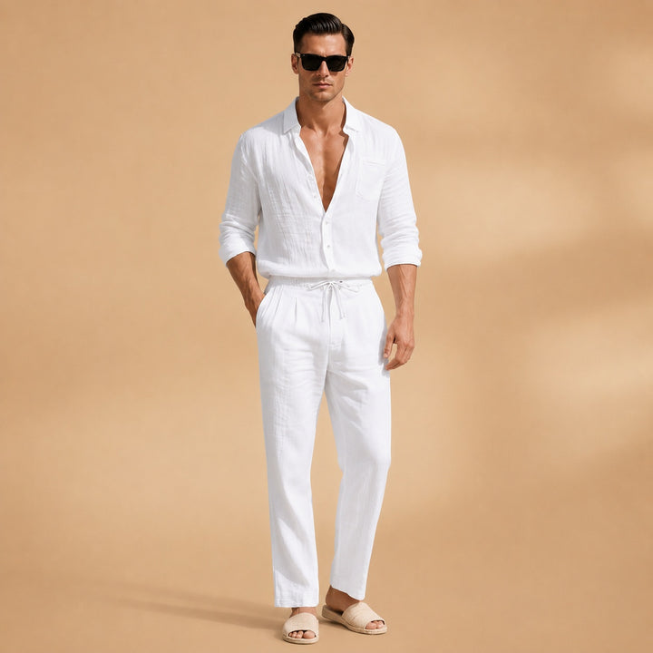 Nuno | Conjunto de Linho Homem Camisa Manga Longa Calças Corda