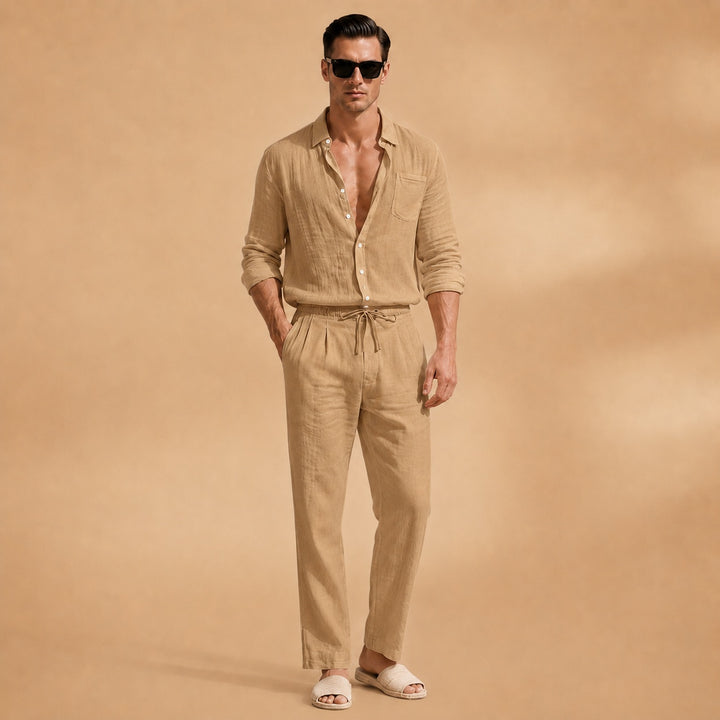 Nuno | Conjunto de Linho Homem Camisa Manga Longa Calças Corda