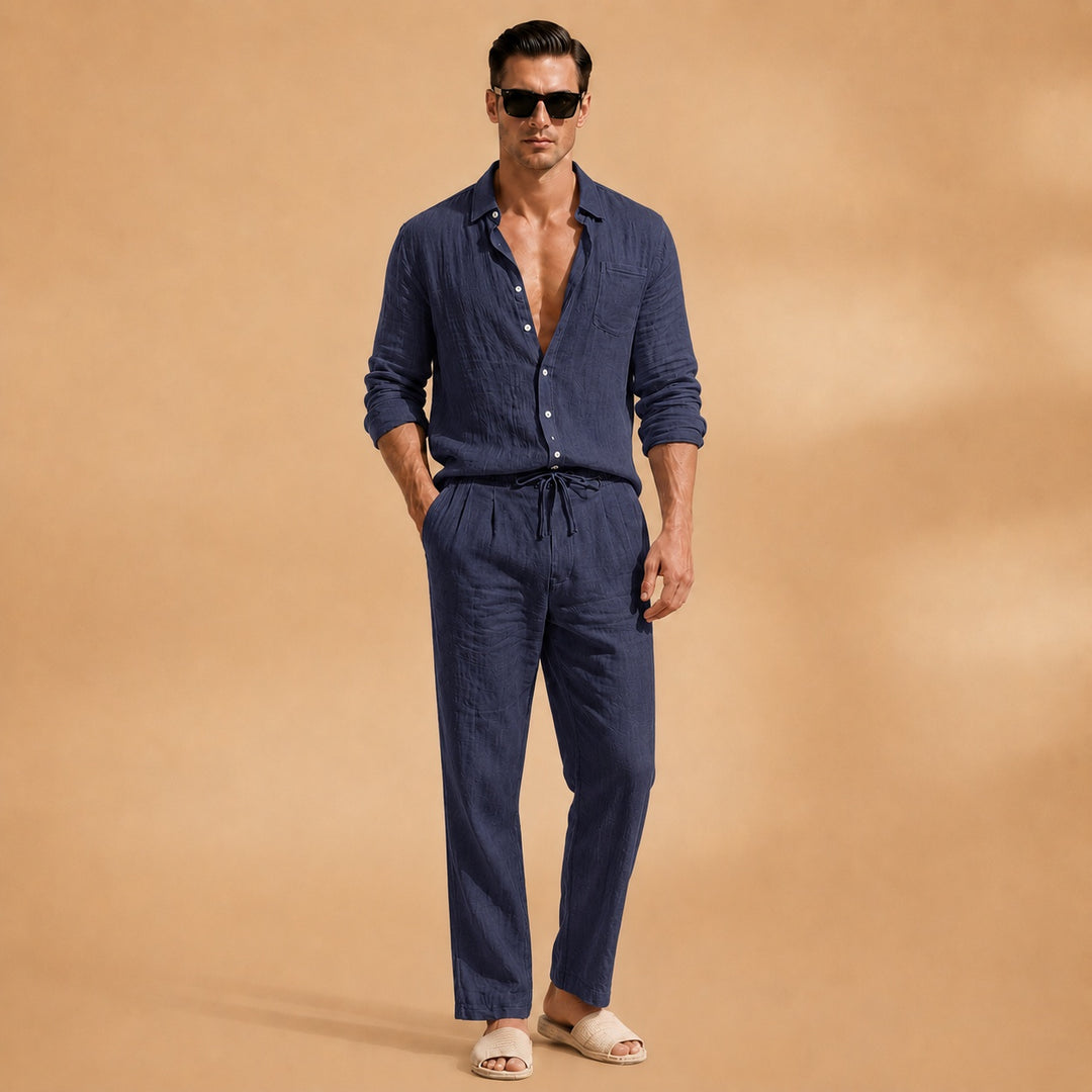 Nuno | Conjunto de Linho Homem Camisa Manga Longa Calças Corda