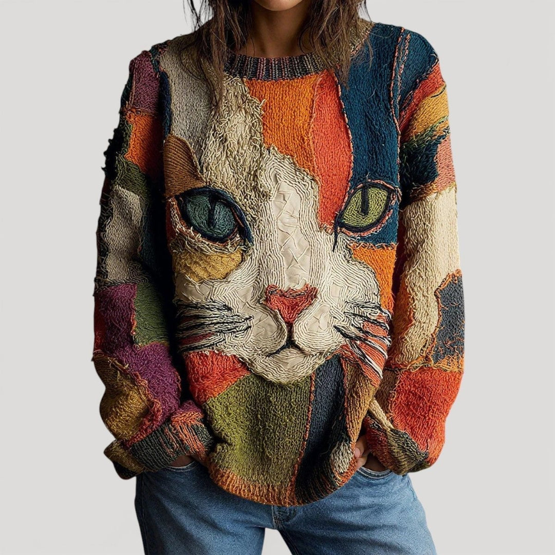 Patrícia | Camisola de Malha com Estampado de Gato Mulher Manga Comprida