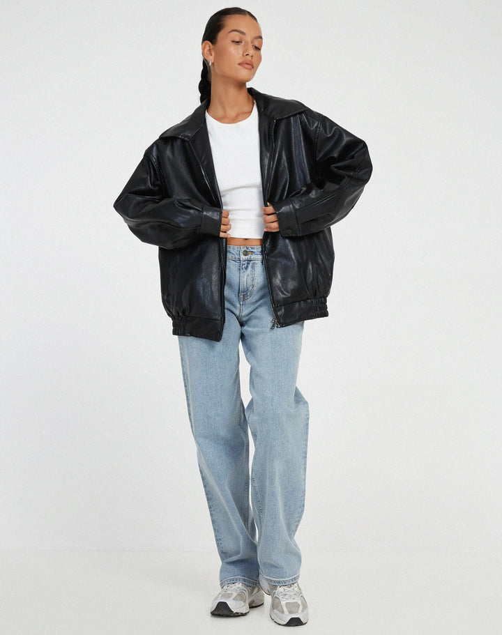 Patrícia | Casaco Couro Mulher Oversize Fecho Zip