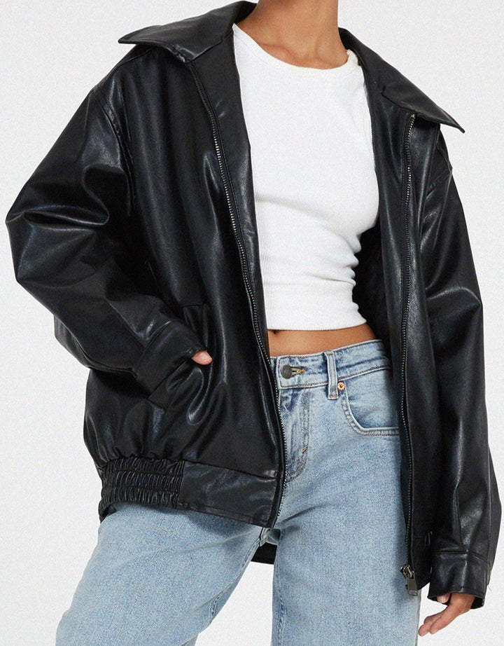 Patrícia | Casaco Couro Mulher Oversize Fecho Zip