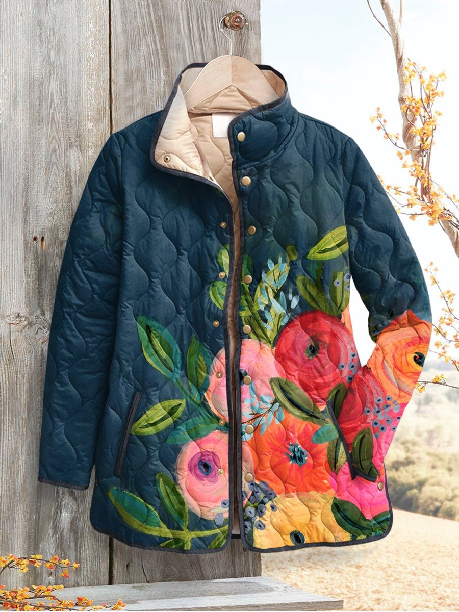 Paula | Casaco Acolchoado Estampado Floral Mulher Gola Alta Botões
