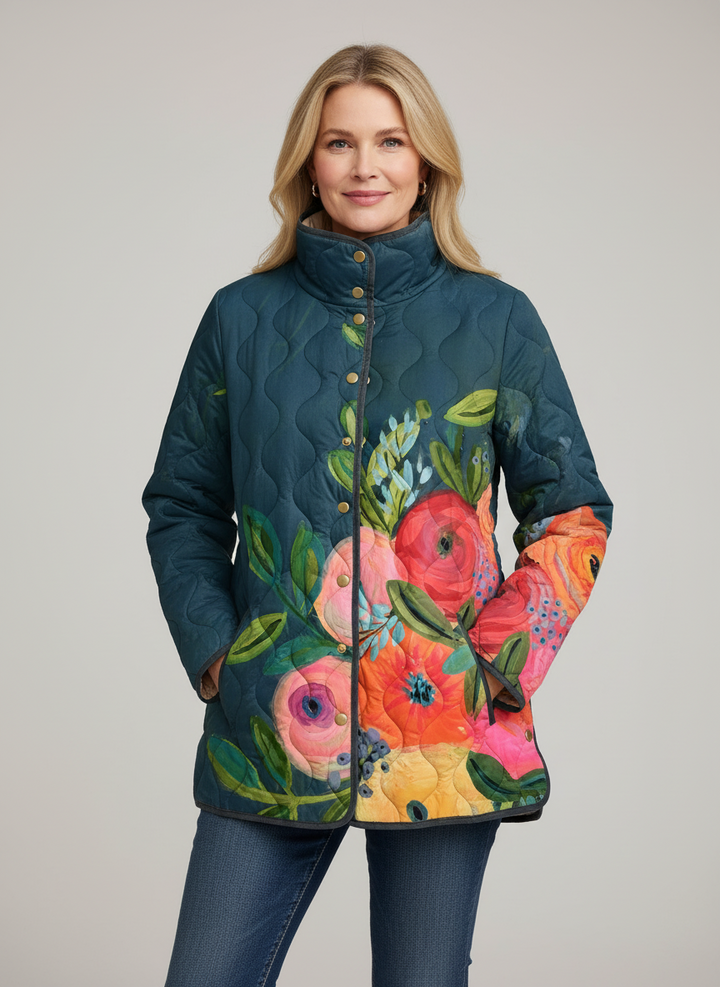 Paula | Casaco Acolchoado Estampado Floral Mulher Gola Alta Botões