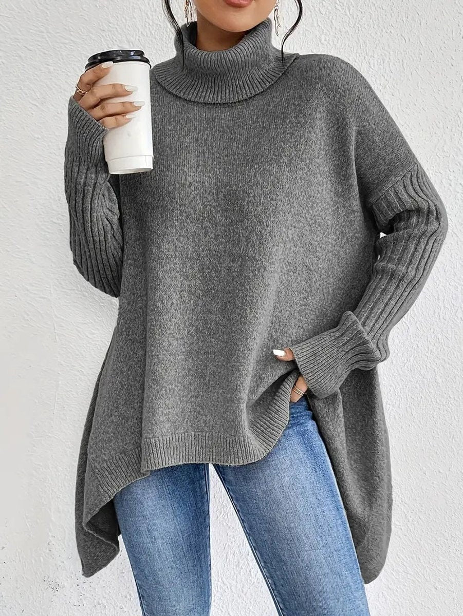 Raquel | Camisola Oversize Mulher Gola Alta Barra Assimétrica