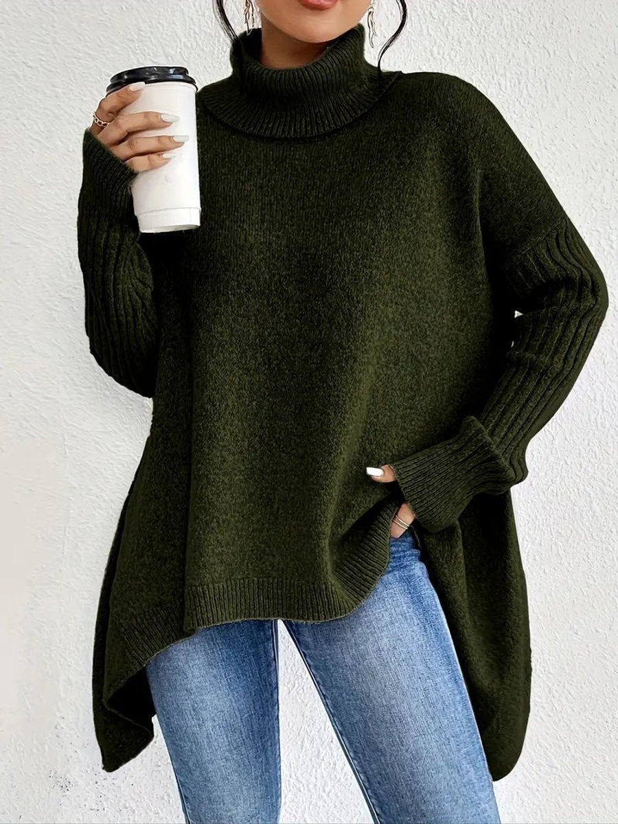 Raquel | Camisola Oversize Mulher Gola Alta Barra Assimétrica