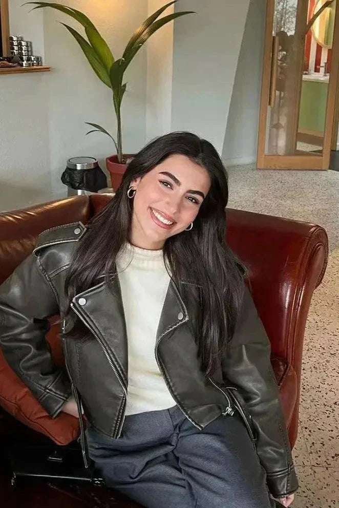 Raquel | Casaco Couro Mulher Biker Curto com Cinto