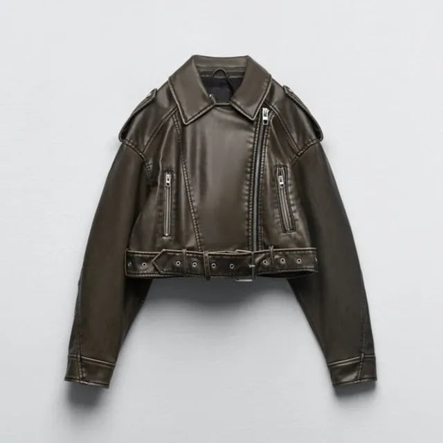 Raquel | Casaco Couro Mulher Biker Curto com Cinto
