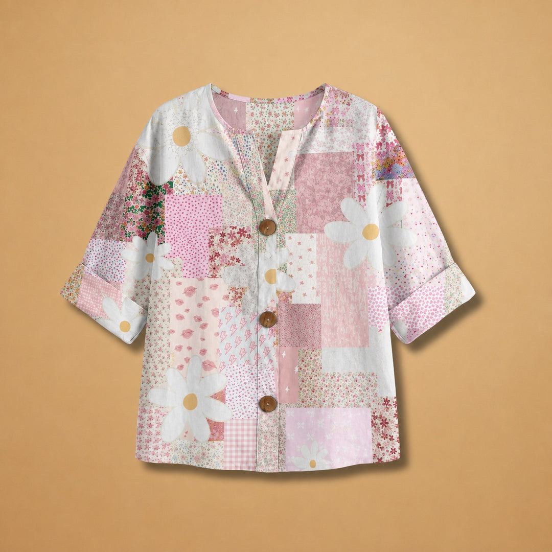 Rita | Blusa Patchwork Estampada Mulher Botões