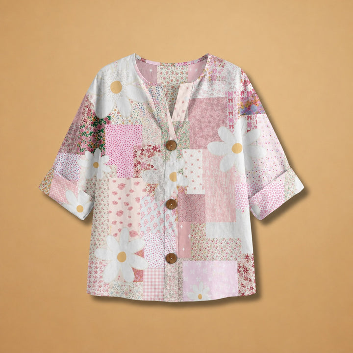 Rita | Blusa Patchwork Estampada Mulher Botões