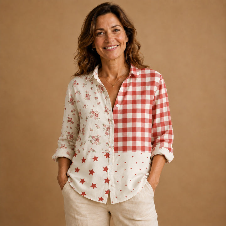 Rita | Blusa Patchwork Estampada Mulher Botões