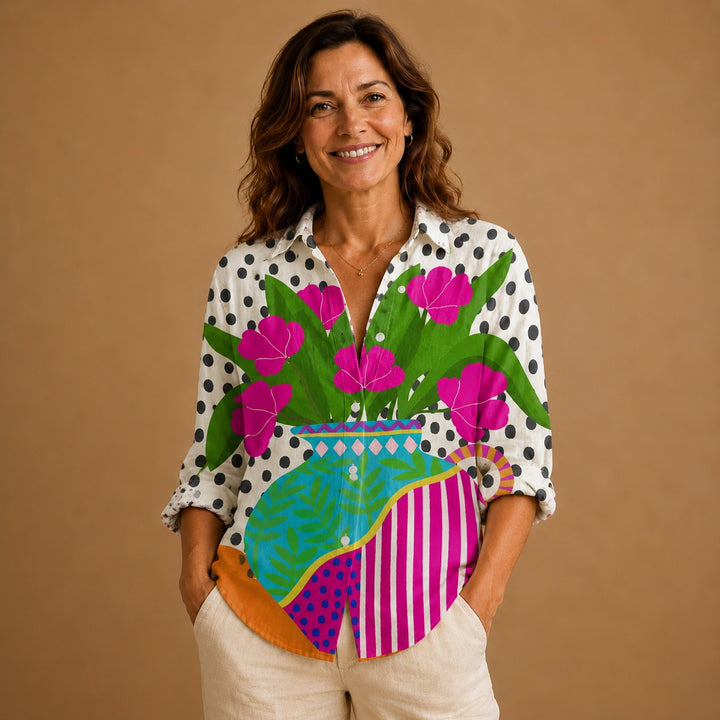 Rita | Blusa Patchwork Estampada Mulher Botões