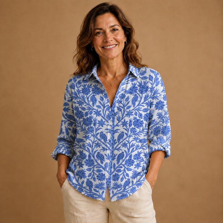 Rita | Blusa Patchwork Estampada Mulher Botões