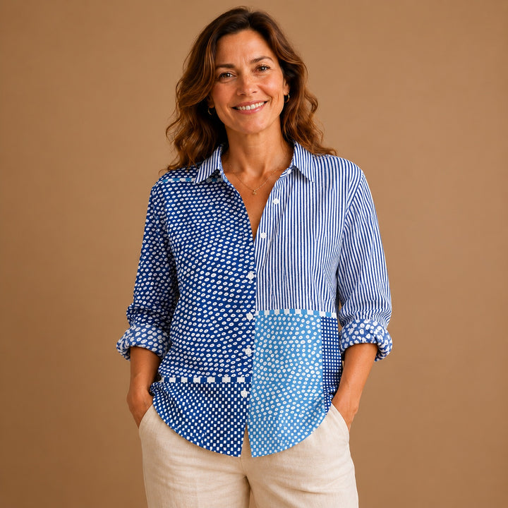 Rita | Blusa Patchwork Estampada Mulher Botões