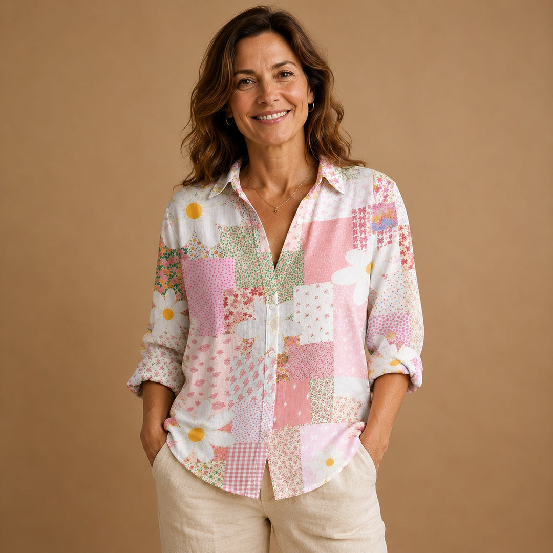 Rita | Blusa Patchwork Estampada Mulher Botões