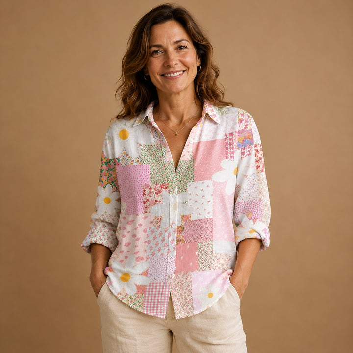 Rita | Blusa Patchwork Estampada Mulher Botões