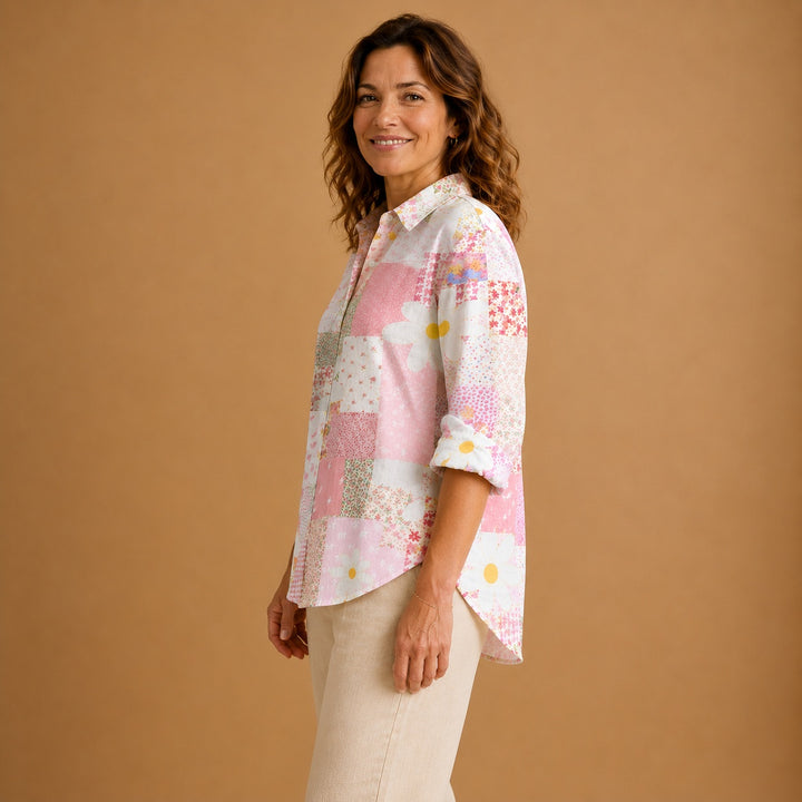Rita | Blusa Patchwork Estampada Mulher Botões