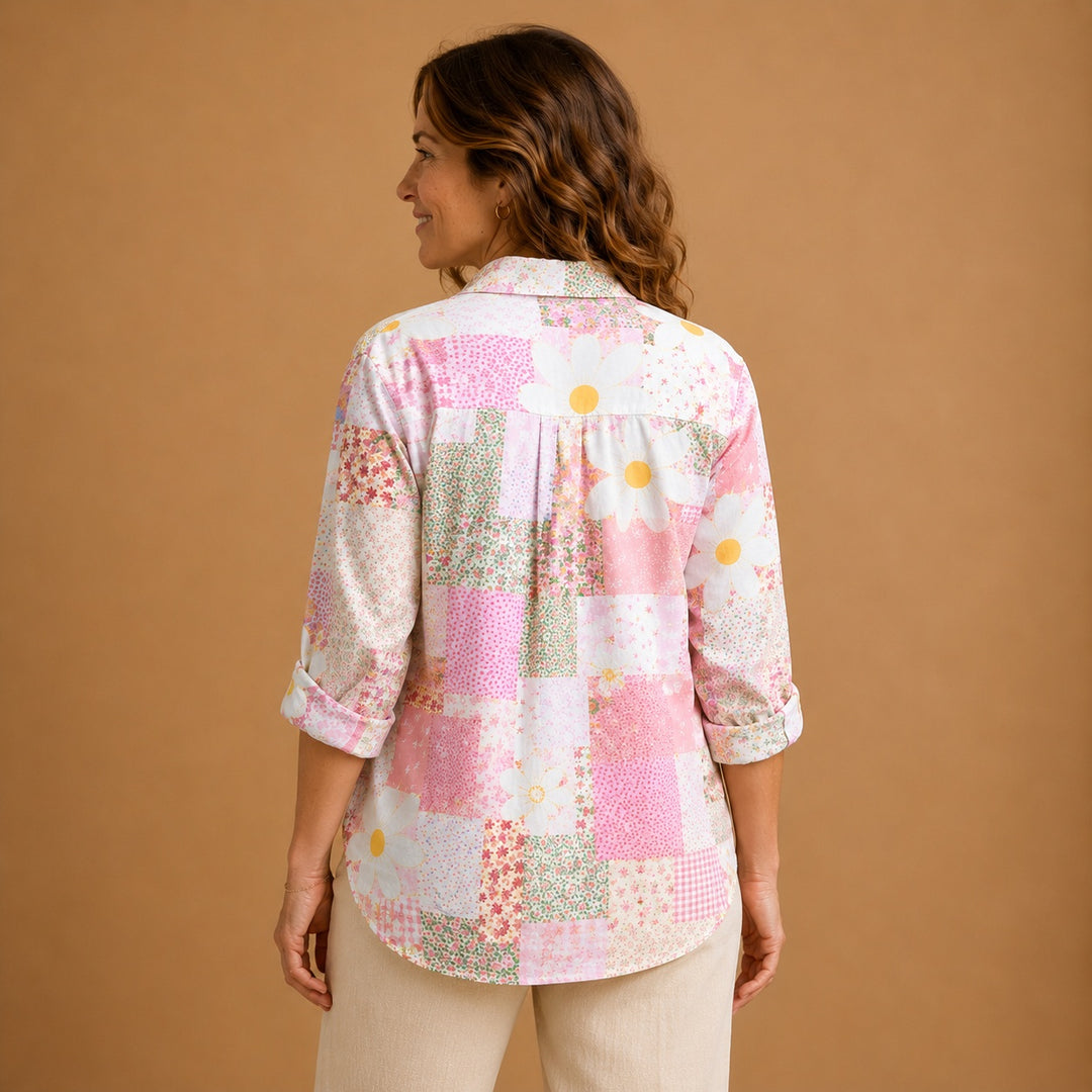 Rita | Blusa Patchwork Estampada Mulher Botões