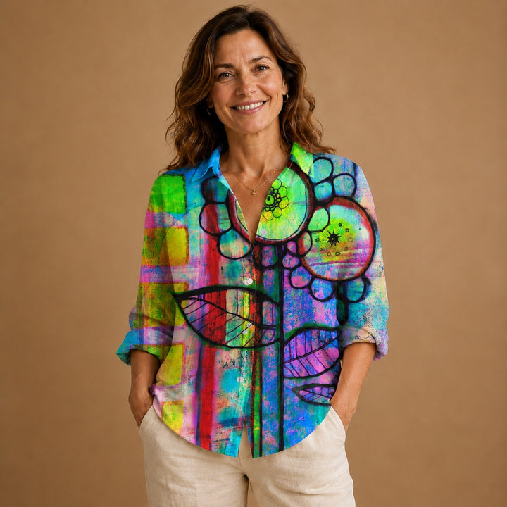 Rita | Blusa Patchwork Estampada Mulher Botões