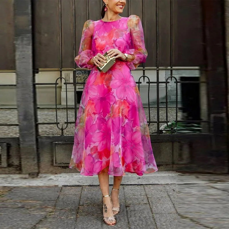 Rita | Vestido para Casamento Midi Floral Mulher Manga Comprida