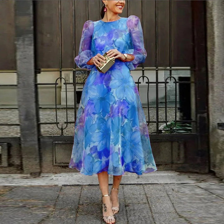 Rita | Vestido para Casamento Midi Floral Mulher Manga Comprida