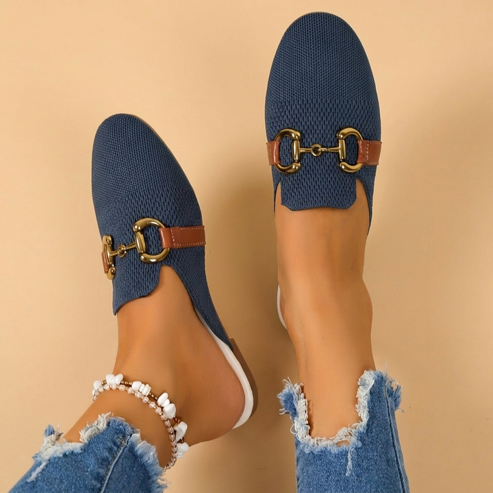 Rosa | Mules Mulher Fivela Dourada Tecido
