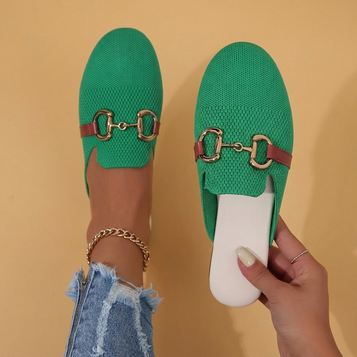 Rosa | Mules Mulher Fivela Dourada Tecido