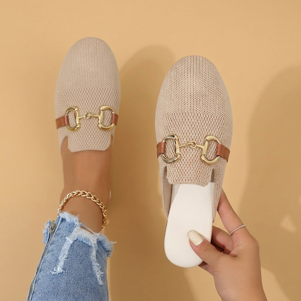 Rosa | Mules Mulher Fivela Dourada Tecido