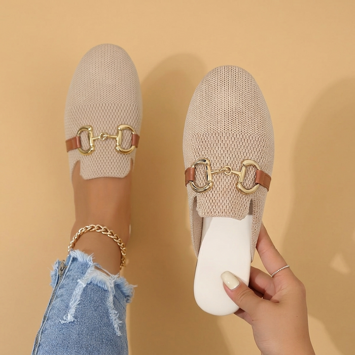 Rosa | Mules Mulher Fivela Dourada Tecido