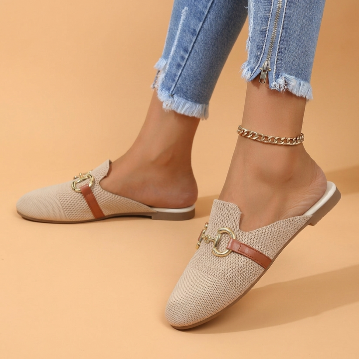 Rosa | Mules Mulher Fivela Dourada Tecido