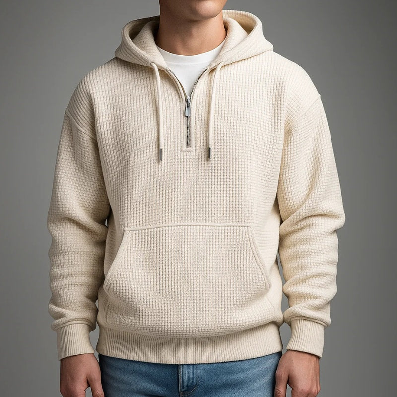 Rui | Hoodie Homem Trama Waffle com Zíper Meio e Capuz