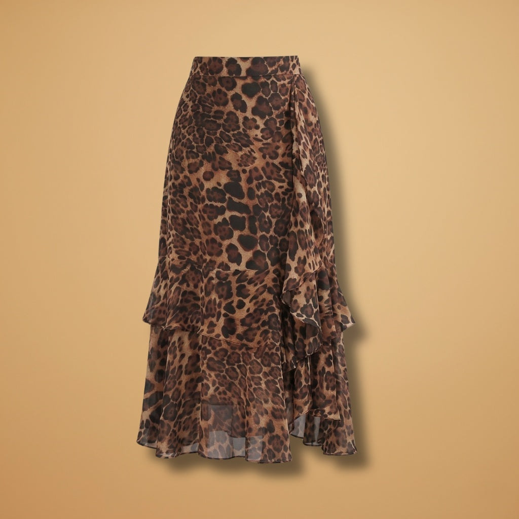 Leonor | Saia Midi Estampada Animal Print Mulher Folhos