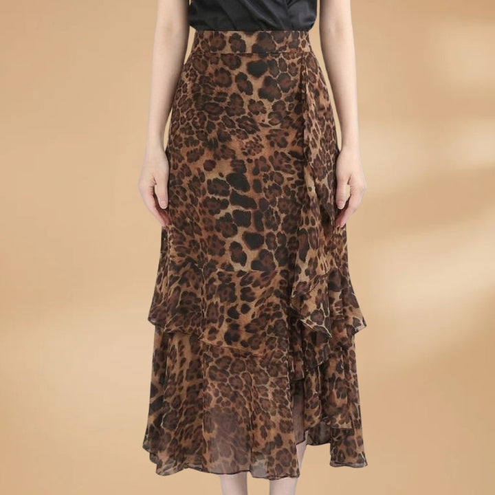 Leonor | Saia Midi Estampada Animal Print Mulher Folhos