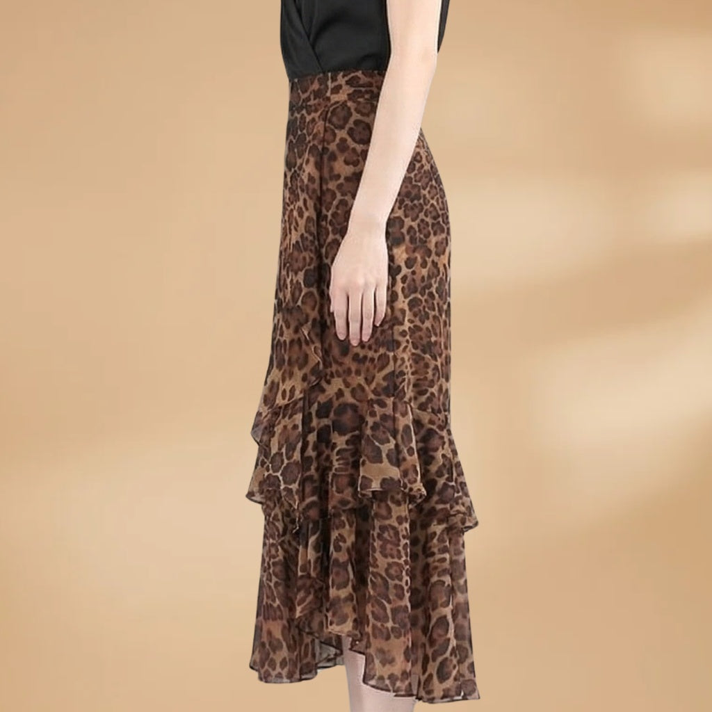 Leonor | Saia Midi Estampada Animal Print Mulher Folhos