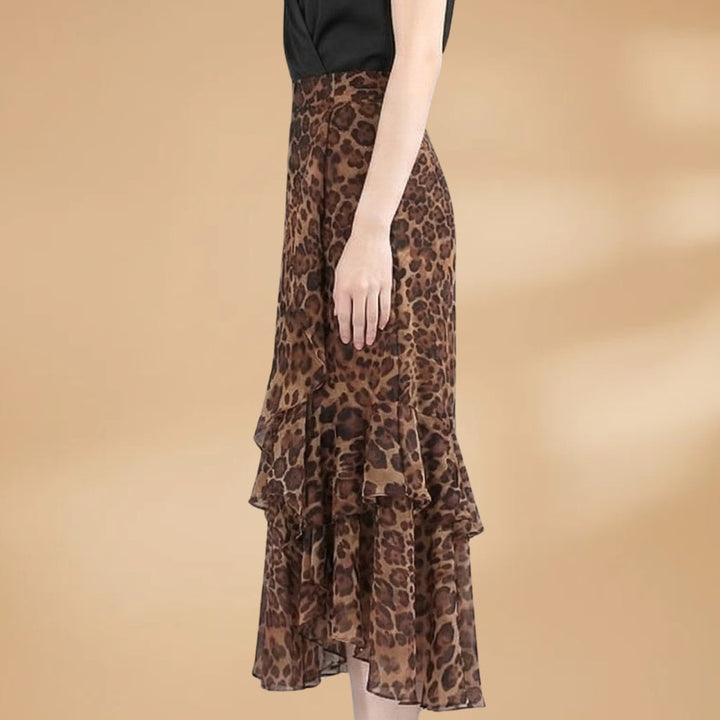 Leonor | Saia Midi Estampada Animal Print Mulher Folhos