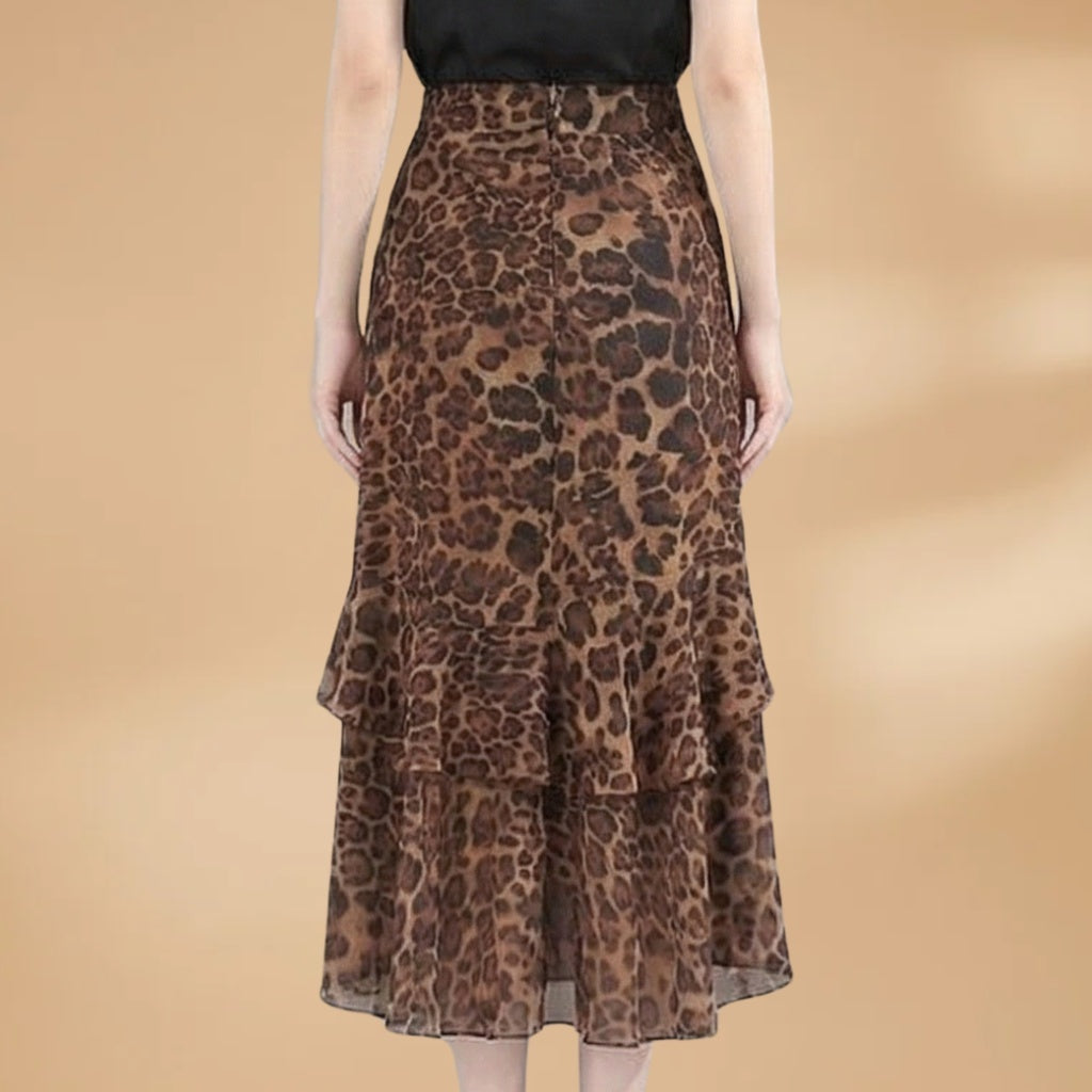 Leonor | Saia Midi Estampada Animal Print Mulher Folhos