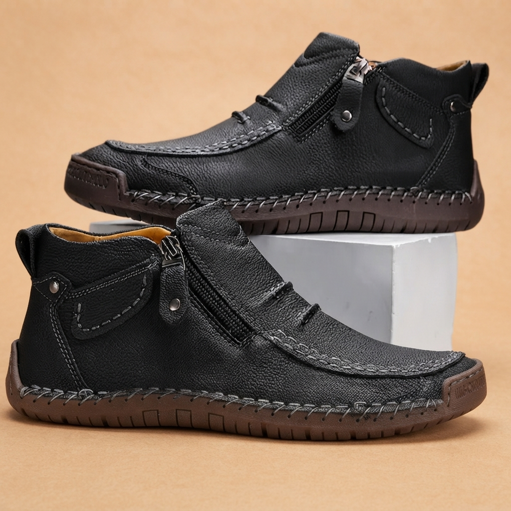 Sapatos Ortopédicos de Couro Homem Biqueira Redonda Zíper Lateral