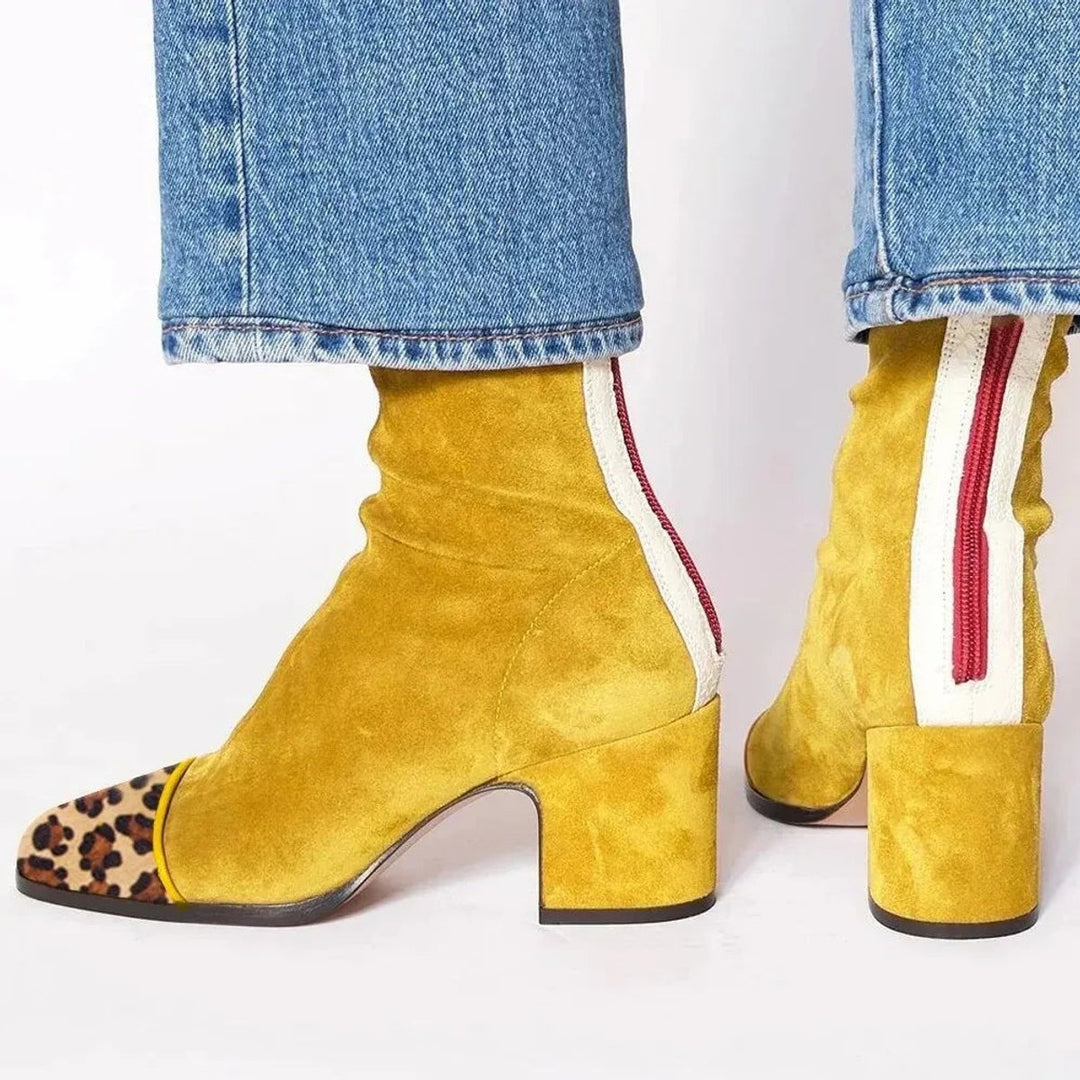 Sílvia | Botins Mulher de Camurça Salto Bloco Biqueira Estampada