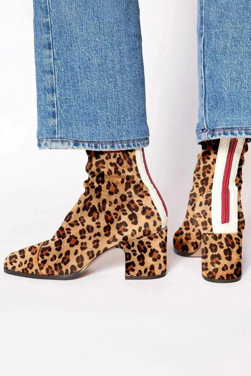 Sílvia | Botins Mulher de Camurça Salto Bloco Biqueira Estampada