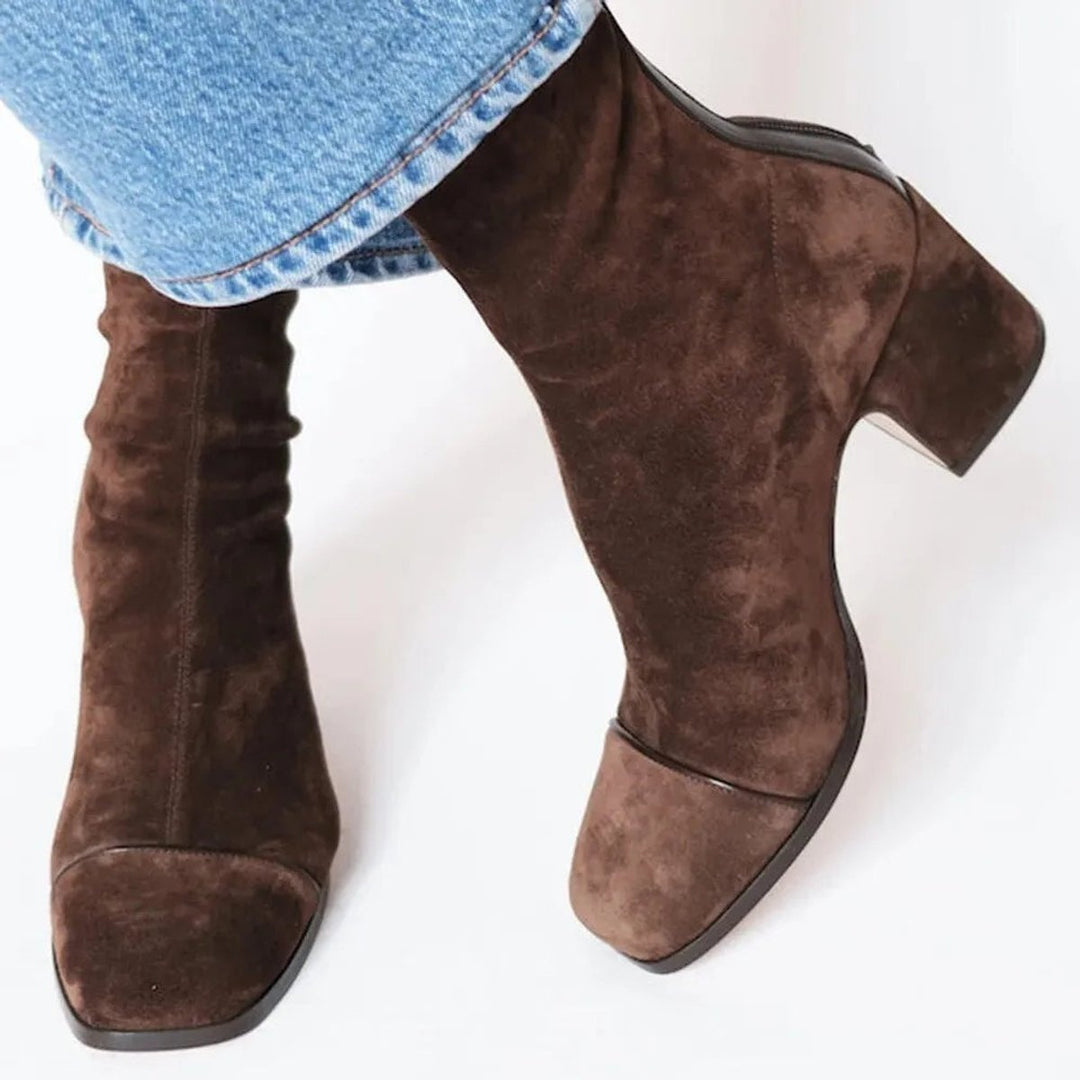 Sílvia | Botins Mulher de Camurça Salto Bloco Biqueira Estampada