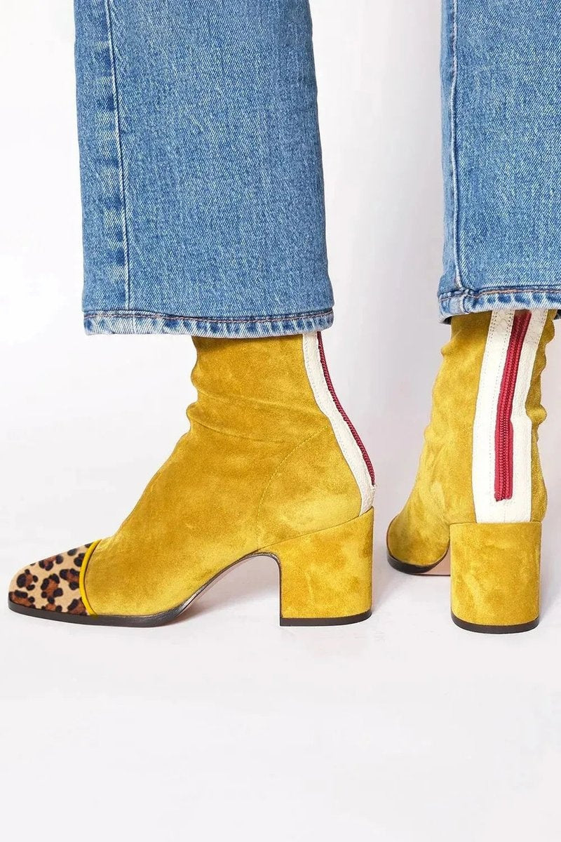 Sílvia | Botins Mulher de Camurça Salto Bloco Biqueira Estampada