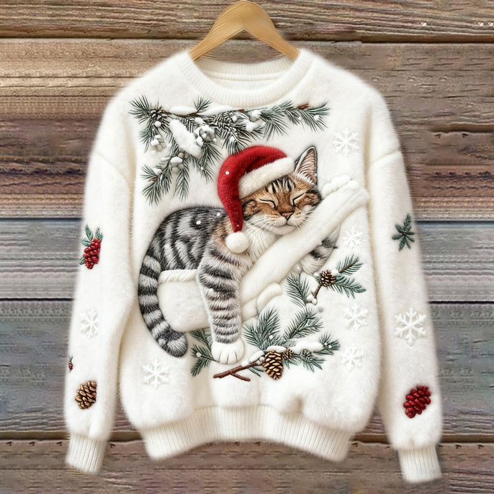 Sílvia | Camisola de Malha Macia Mulher Estampado Natalino Gato