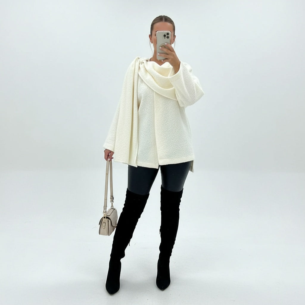 Sílvia | Poncho de Boucle Mulher com Detalhe de Cachecol