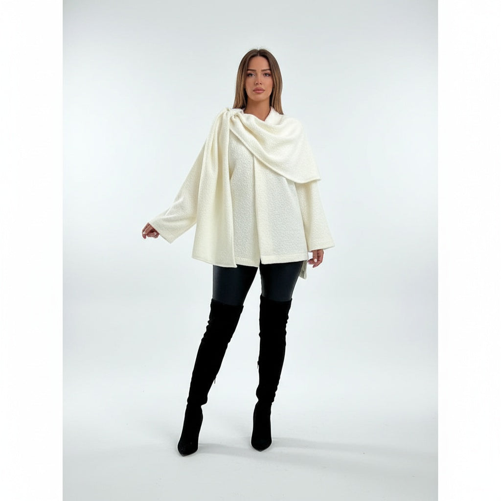 Sílvia | Poncho de Boucle Mulher com Detalhe de Cachecol